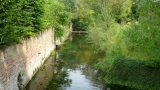 The river, briefly tamed, passes by gardens