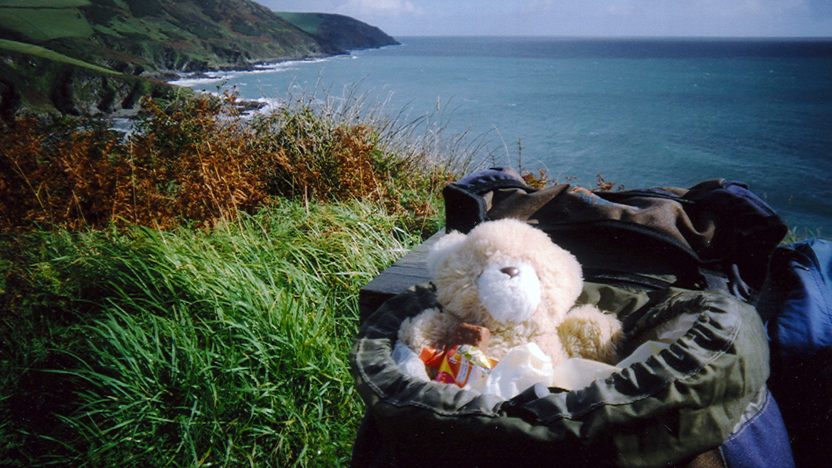 Toy bear in rucksack on the Coast Path